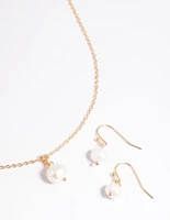 Gold Pearl Necklace & Earrings Set