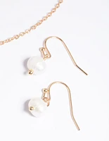 Gold Pearl Necklace & Earrings Set