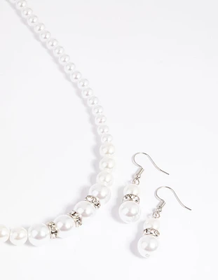 Rhodium Pearl Diamante Necklace & Earrings Set