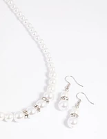 Silver Pearl Diamante Necklace & Earrings Set