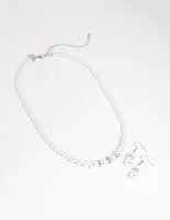 Silver Pearl Diamante Necklace & Earrings Set