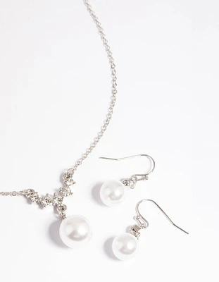 Silver Pearl Diamante Statement Necklace & Earrings Set