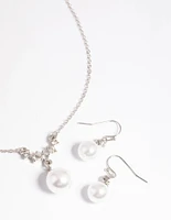 Rhodium Pearl Diamante Statement Necklace & Earrings Set