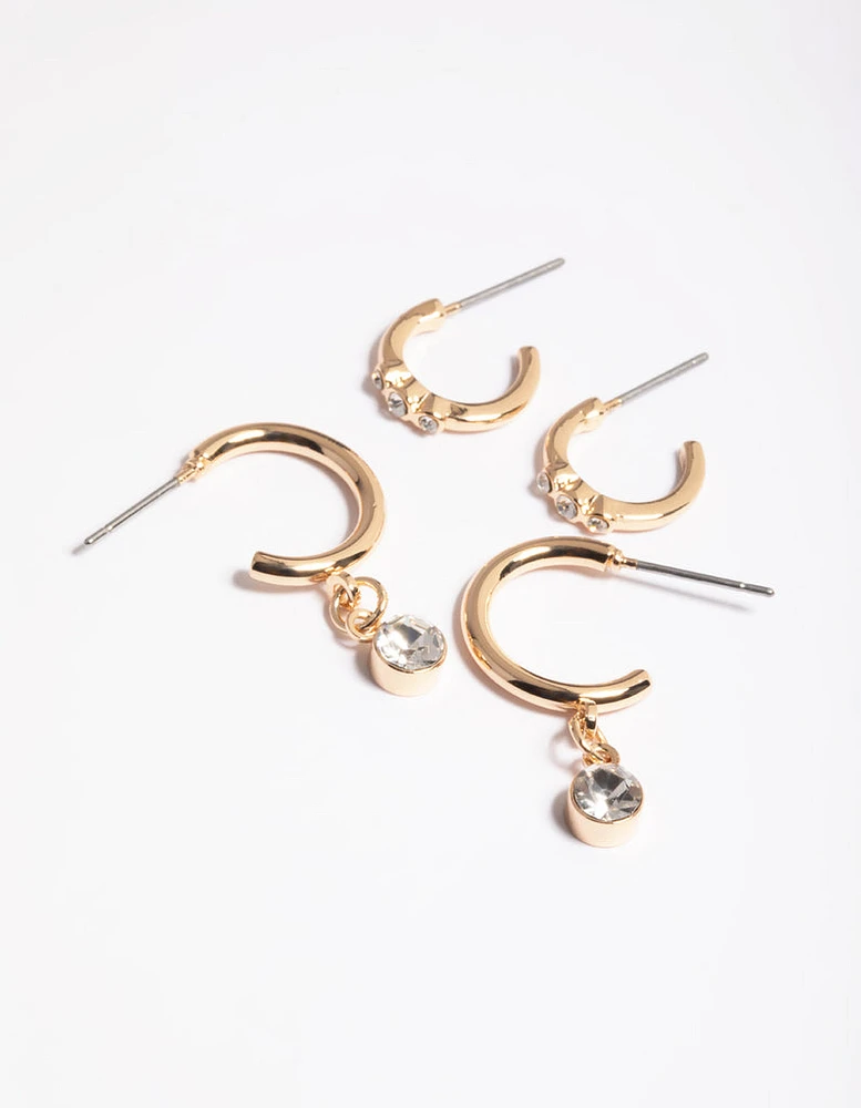 Gold Diamante Detail Hoop Earrings Pack