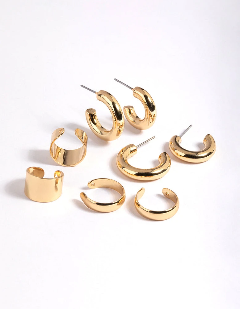 Gold Plated Cuff & Huggie Statement Earring Stack 4-Pack