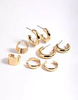 Gold Plated Cuff & Huggie Statement Earring Stack 4-Pack