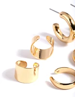 Gold Plated Cuff & Huggie Statement Earring Stack 4-Pack