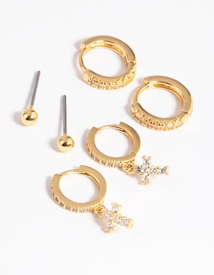 Gold Plated Cubic Zirconia Pave Cross Earring Stack 6-Pack