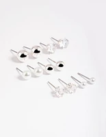 Silver Diamante Pearl Stud Earrings 6-Pack