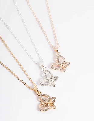 Mixed Metal Diamante Butterfly Necklace Pack