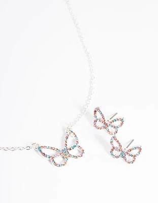 Silver Diamante Butterfly Necklace & Stud Earring Set