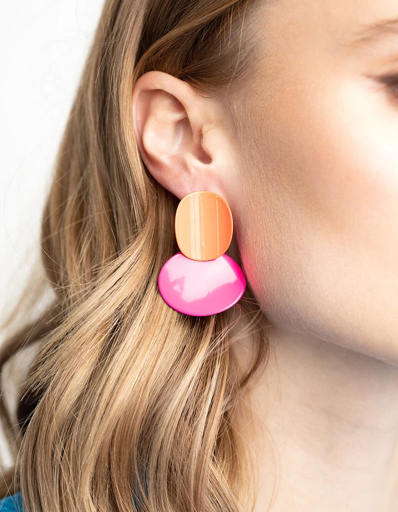 Glossy Orange Disc Drop Earrings