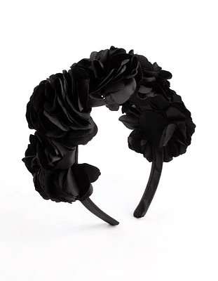 Black Satin Flower Veil Headband