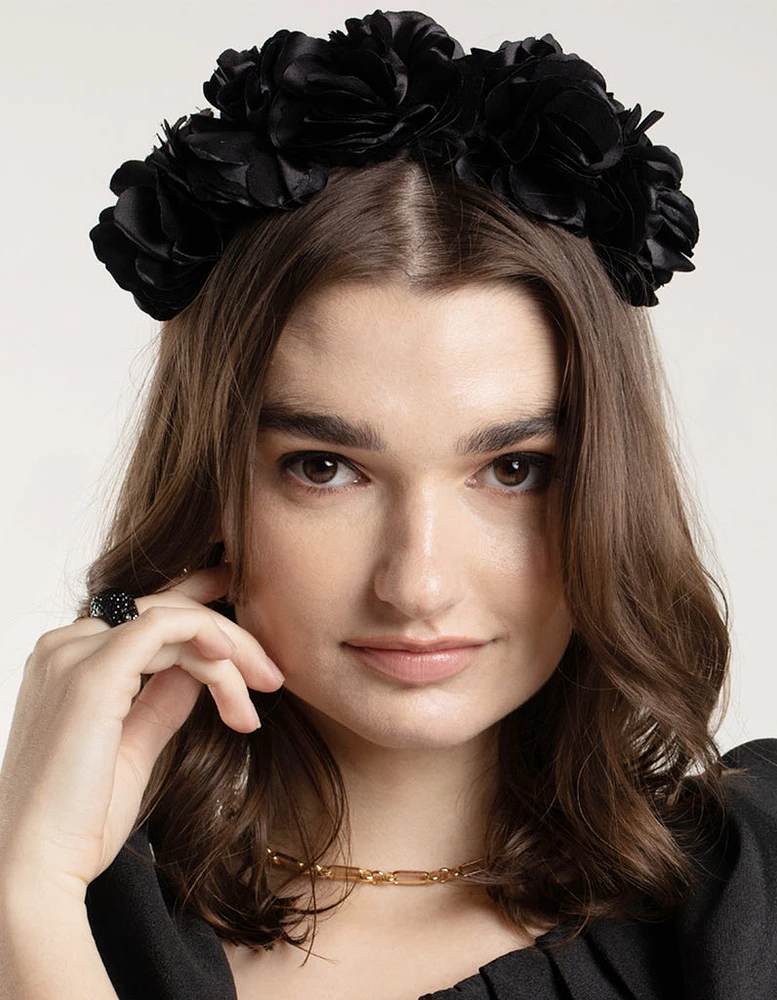 Black Satin Flower Veil Headband