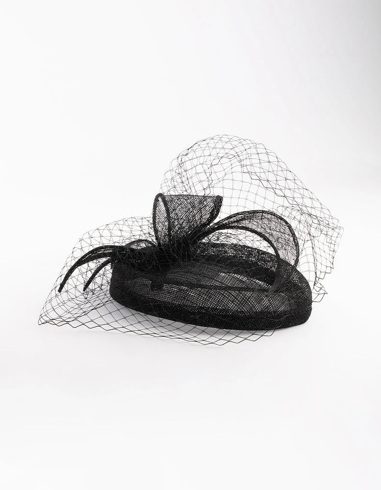 Black Sinamay Pillbox Comb with Netting Detail