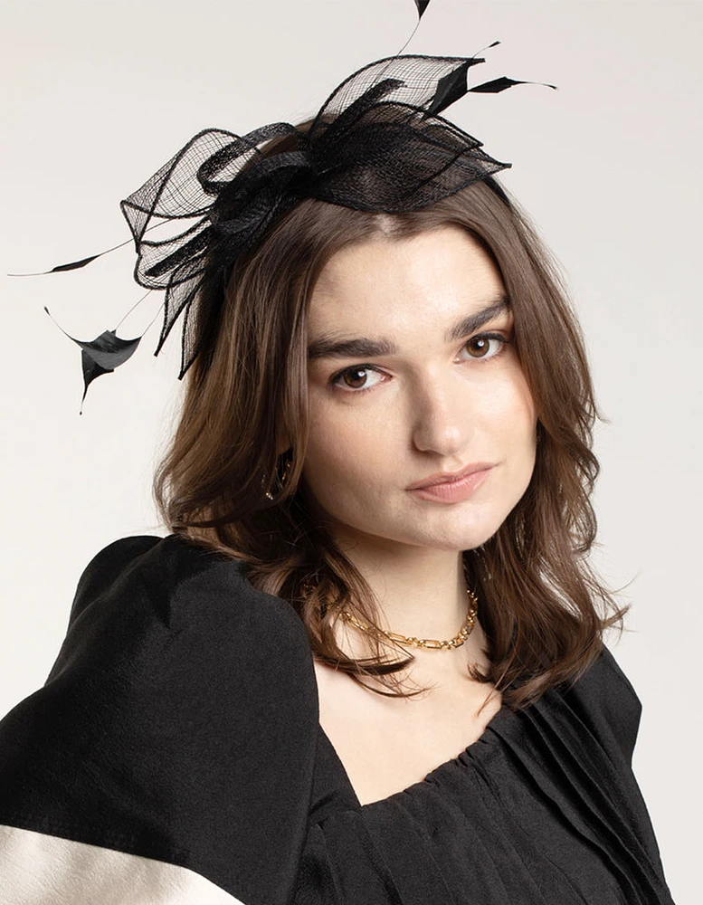 Black Sinamay Black Feather Leaf Fascinator