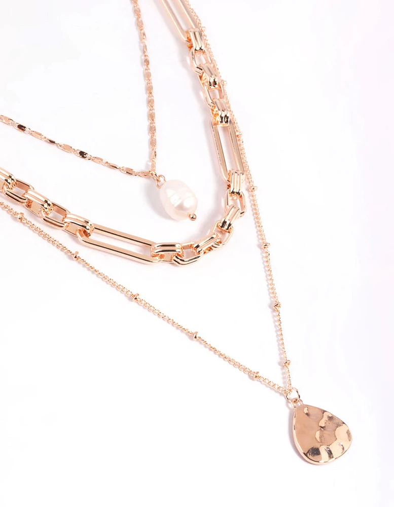 Rose Gold Multi Row Pearl & Coin Necklaces