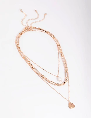 Rose Gold Multi Row Pearl & Coin Necklaces