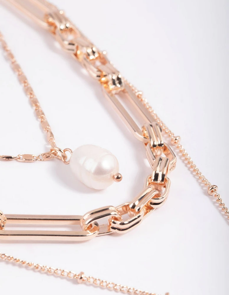 Rose Gold Multi Row Pearl & Coin Necklaces