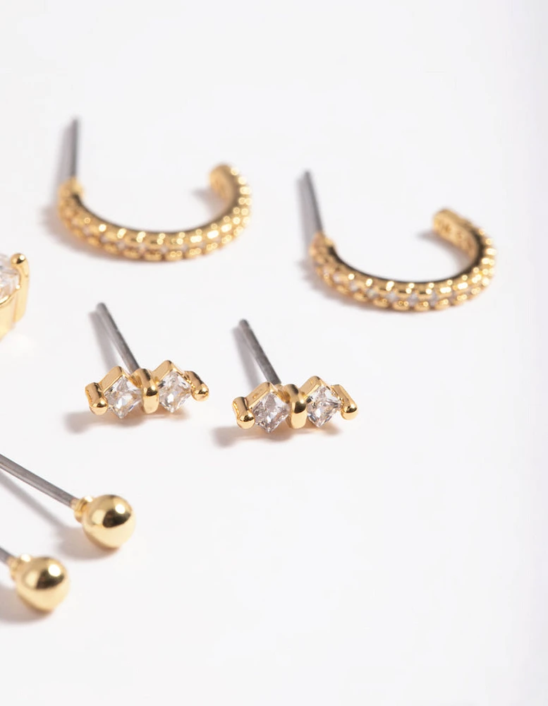 Gold Plated Cubic Zirconia Dainty Earring Pack