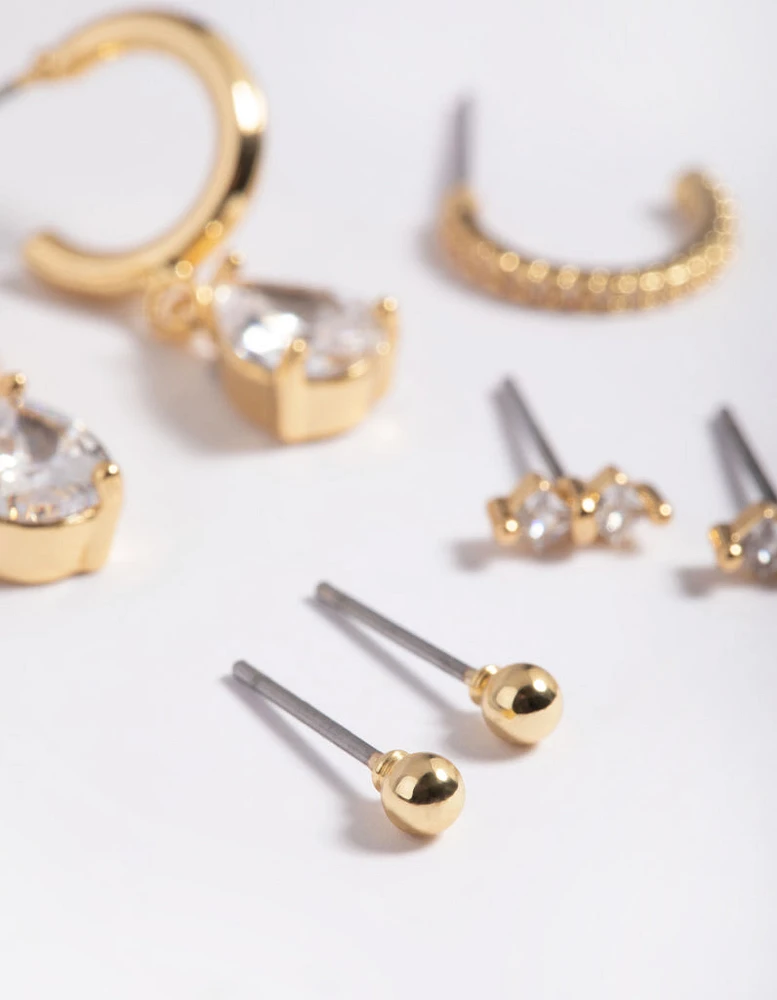 Gold Plated Cubic Zirconia Dainty Earring Pack