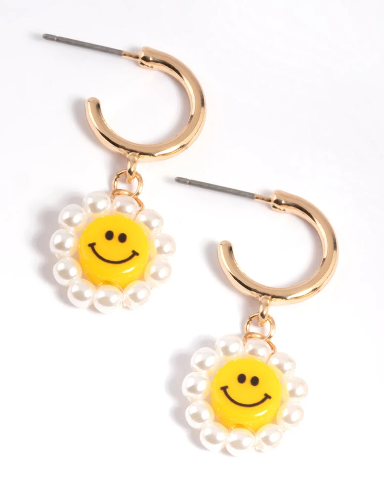 Gold Smiley Pearl Huggie Drop Earrings