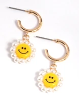 Gold Smiley Pearl Huggie Drop Earrings