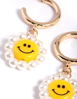 Gold Smiley Pearl Huggie Drop Earrings