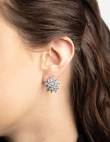 Silver Pave Flower Stud Earrings