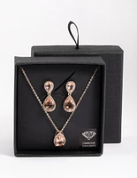 Diamond Simulant Rose Gold Double Teardrop Necklace & Earring Set