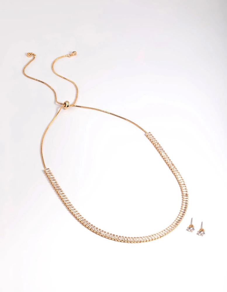 Diamond Simulant Gold Baguette Earrings & Necklace