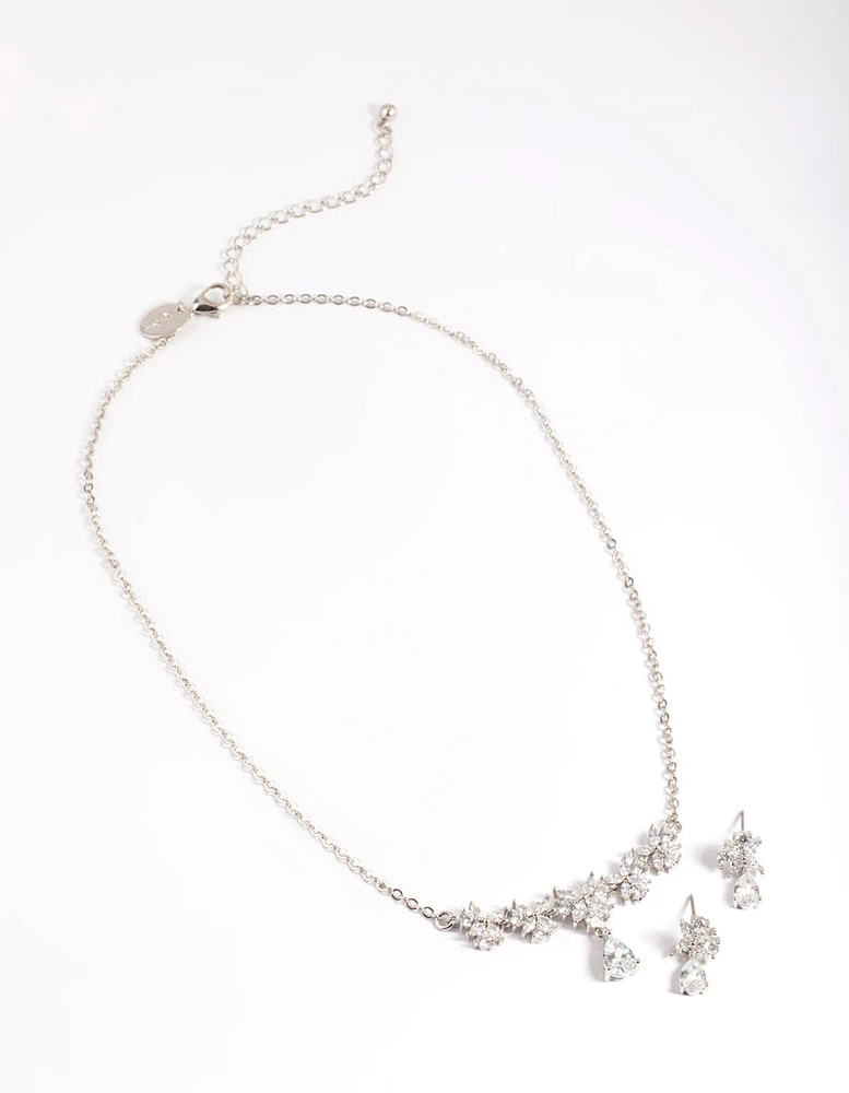Silver Diamond Simulant Dainty Flower Earrings & Necklace