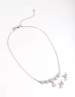 Silver Diamond Simulant Dainty Flower Earrings & Necklace