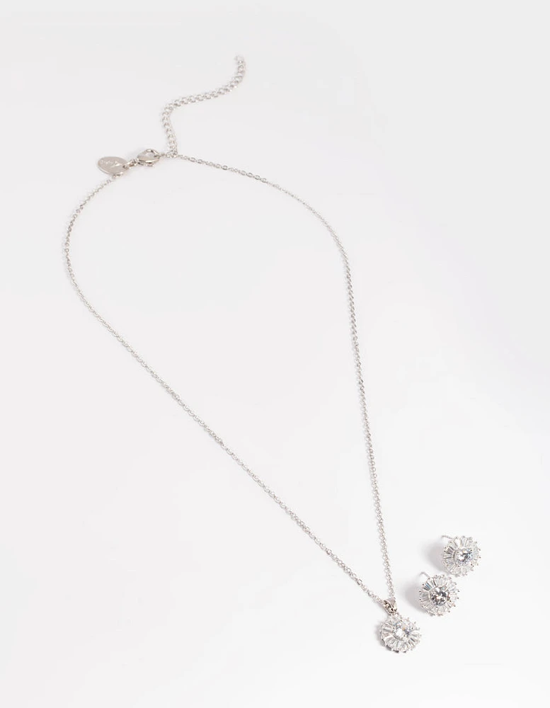 Rhodium Diamond Simulant Halo Studs & Necklace