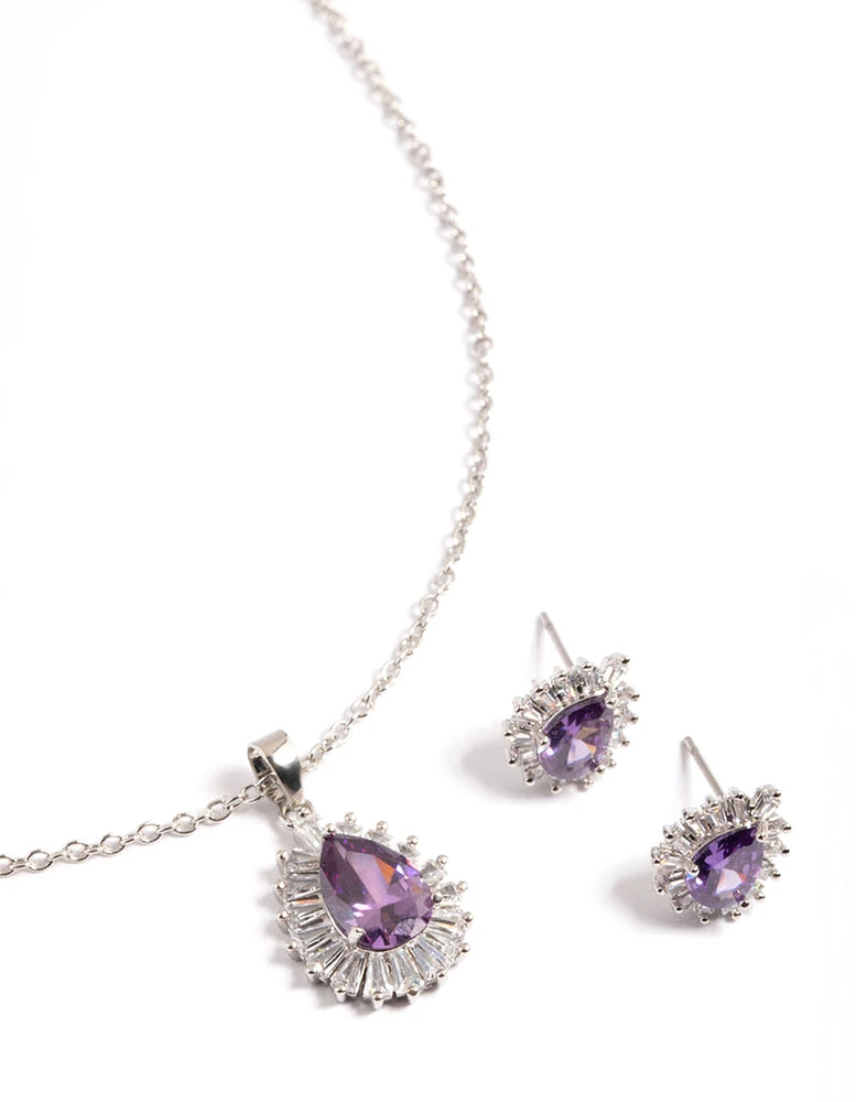 Diamond Simulant Rhodium Amethyst Teardrop Earring & Necklace