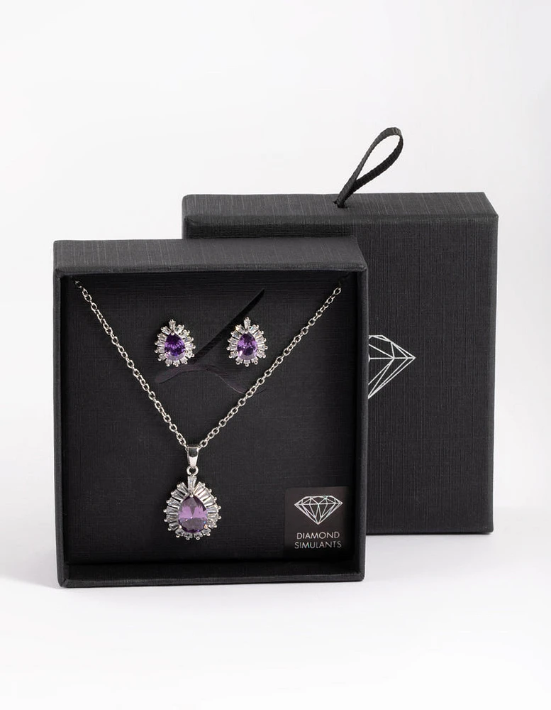 Diamond Simulant Rhodium Amethyst Teardrop Earring & Necklace