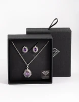 Diamond Simulant Rhodium Amethyst Teardrop Earring & Necklace