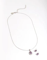 Diamond Simulant Rhodium Amethyst Teardrop Earring & Necklace