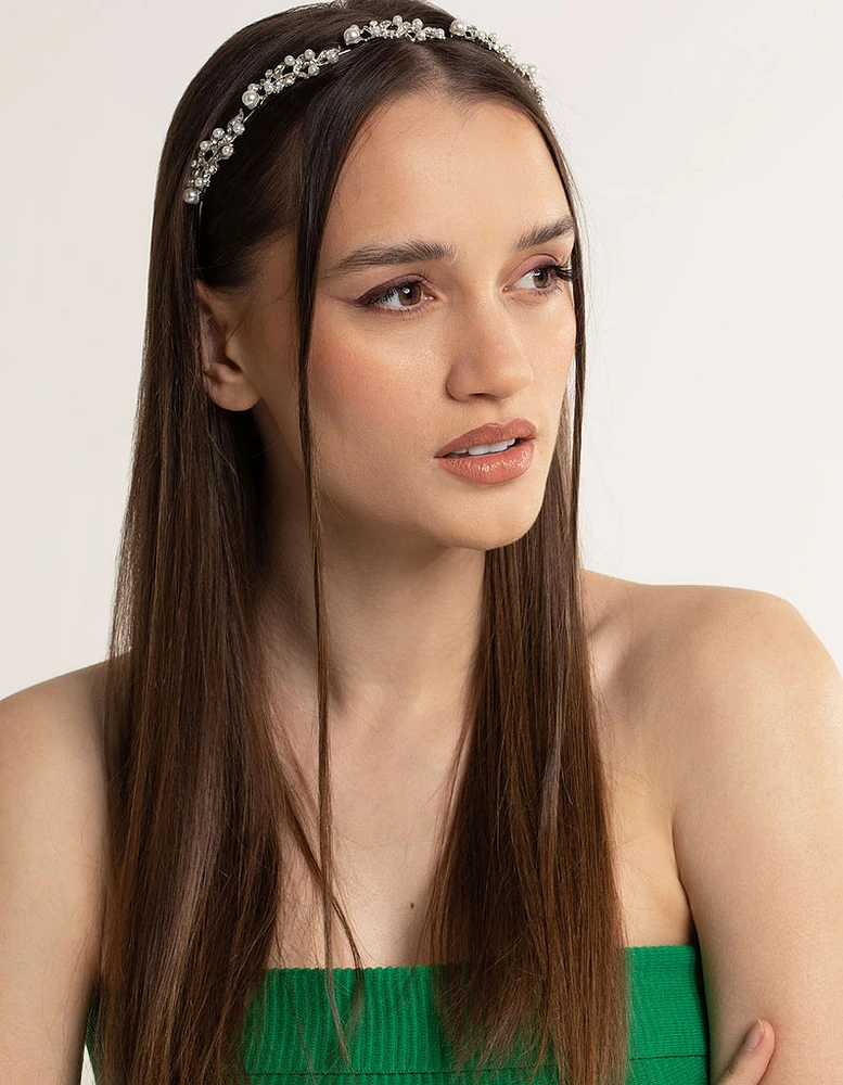 Silver Diamante Leaf & Pearl Headband