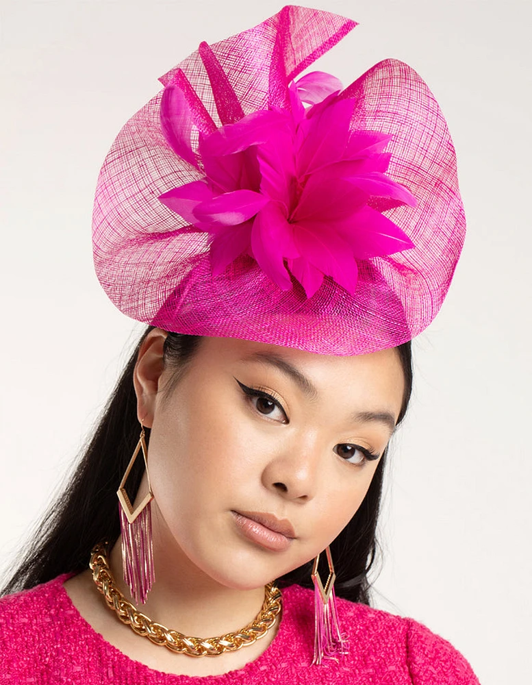 Hot Pink Satin Headband with Feathered Flowers