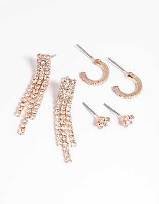 Rose Gold Diamante Stud & Hoop Earrings Pack