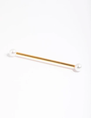 Gold Plated Titanium Faux Pearl Industrial Bar