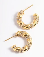 Waterproof Gold Plated Stainless Steel Diamante Twist Hoop Earrings