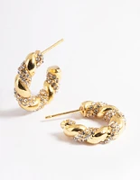 Waterproof Gold Plated Stainless Steel Diamante Twist Hoop Earrings