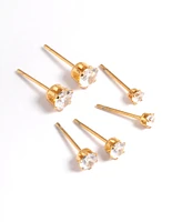 Gold Plated Stainless Steel Cubic Zircconia Stud Earring Pack