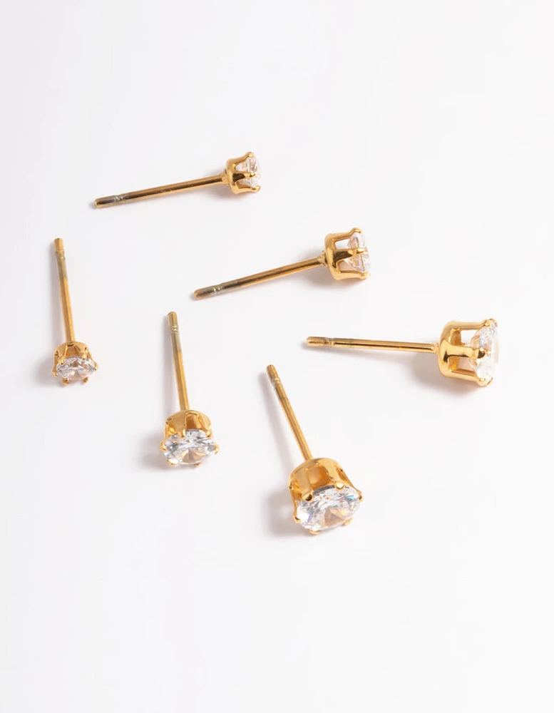 Gold Plated Stainless Steel Cubic Zircconia Stud Earring Pack