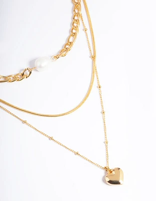 Waterproof Gold Plated Stainless Steel Heart & Freshwater Pearl Layered Necklace