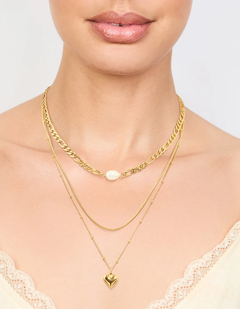 Waterproof Gold Plated Stainless Steel Heart & Freshwater Pearl Layered Necklace
