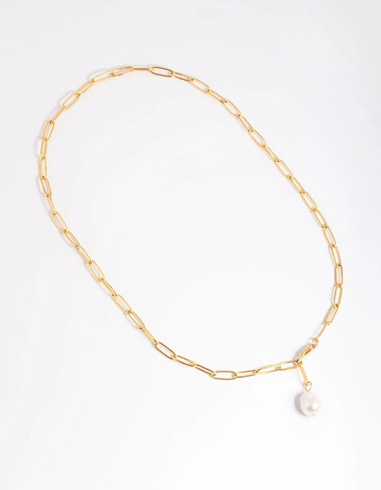 Waterproof Gold Plated Stainless Steel Freshwater Pearl Chain Drop Necklace