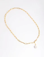 Waterproof Gold Plated Stainless Steel Freshwater Pearl Chain Drop Necklace